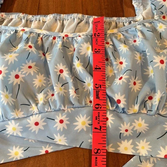 Long Sleeve Floral Crop Top Blouse with Tie Blue Red Yellow - Picture 8 of 10